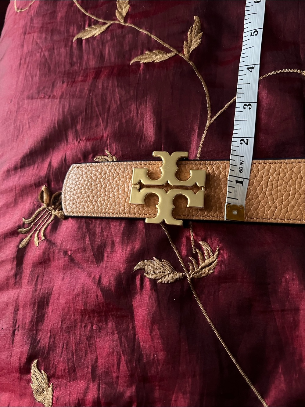 Tory Burch Reversible Pebbled Leather Belt with Gold Double-T Buckle